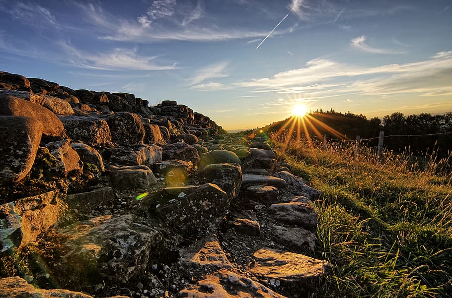 Rocks and Mountain, close-up, clouds, grass, landscape, nature HD wallpaper