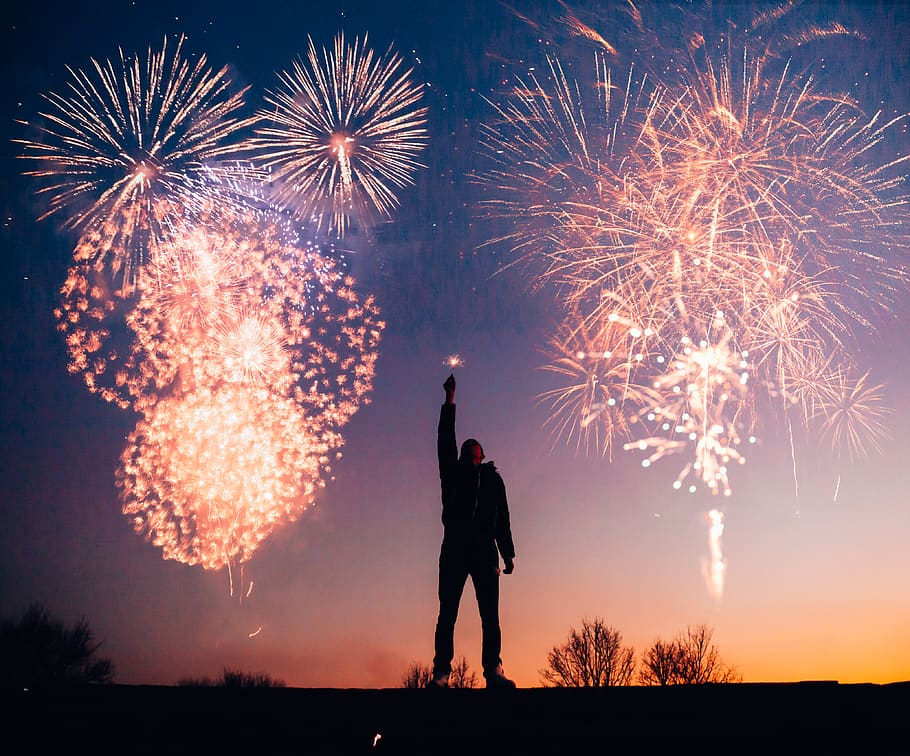 Man With Fireworks, bright, celebrate, celebration, dark, dawn HD wallpaper