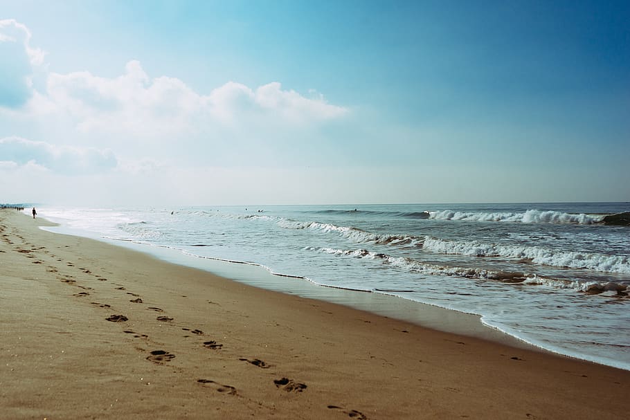 beach, sand, footprints, shore, waves, ocean, sea, blue, sky HD wallpaper