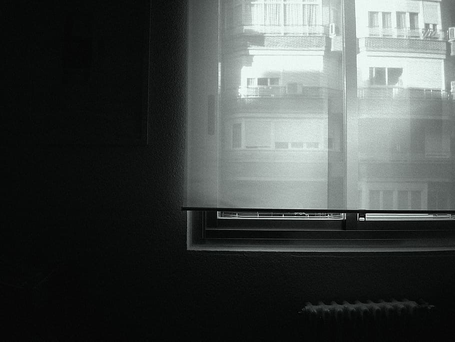 closed white window blinds, curtain, building, dark, black and white HD wallpaper