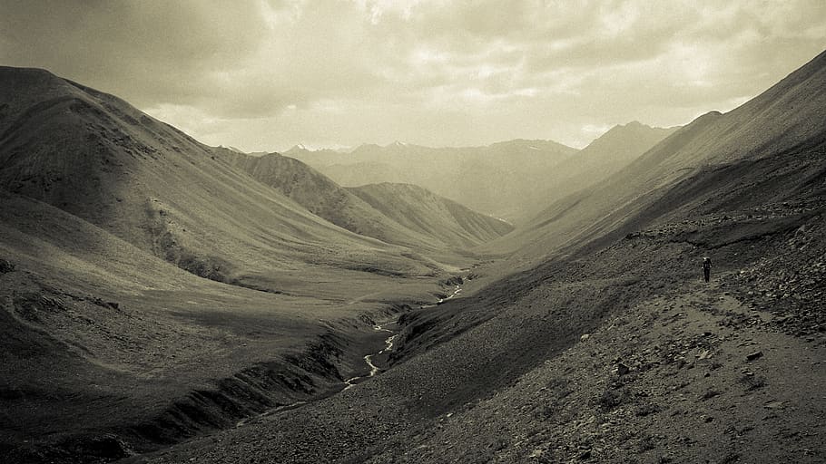 kyrgyzstan, monochrome, sepia, mountains, mountain range, valley, HD wallpaper