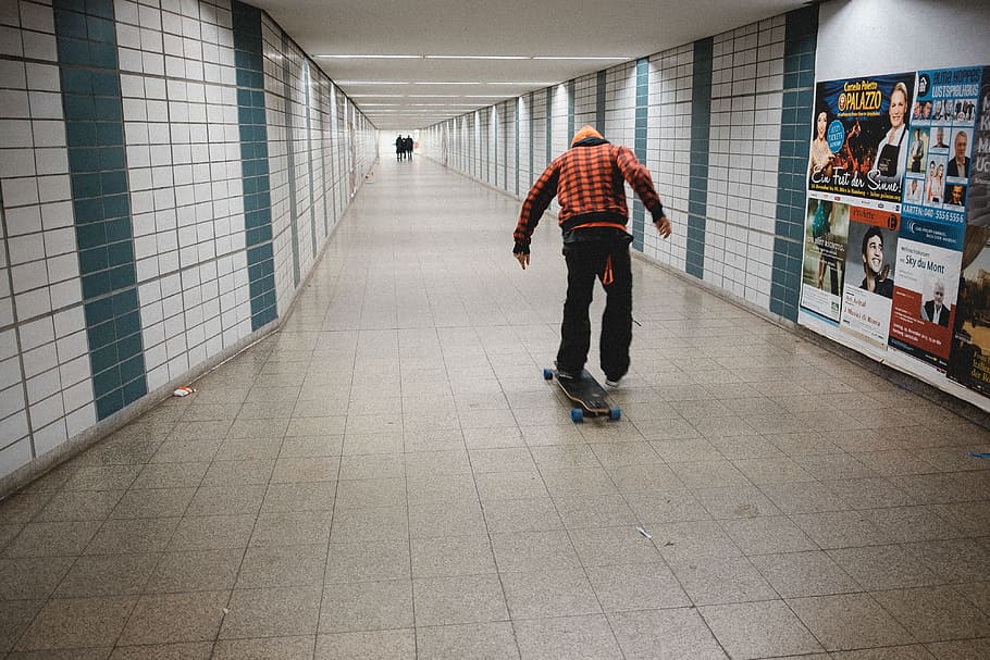 Skater in tunnel, abstract, achieve, ads, alone, another, bahn HD wallpaper