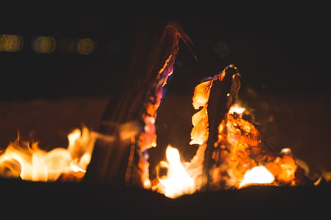 fire, camp, beach, bonfire, pit, orange, burn, wood, night HD wallpaper