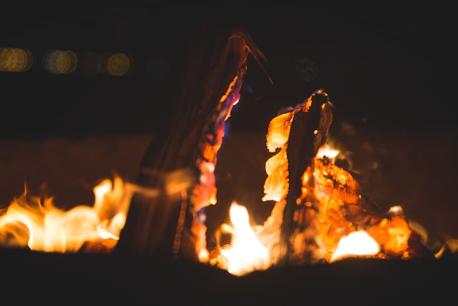 fire, camp, beach, bonfire, pit, orange, burn, wood, night HD wallpaper