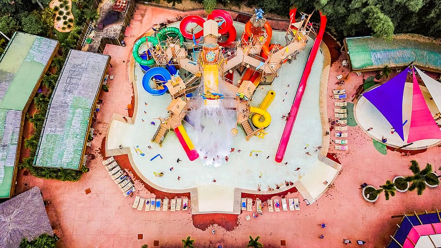 aerial photo of swimming pool with slides, water, book, dessert, HD wallpaper