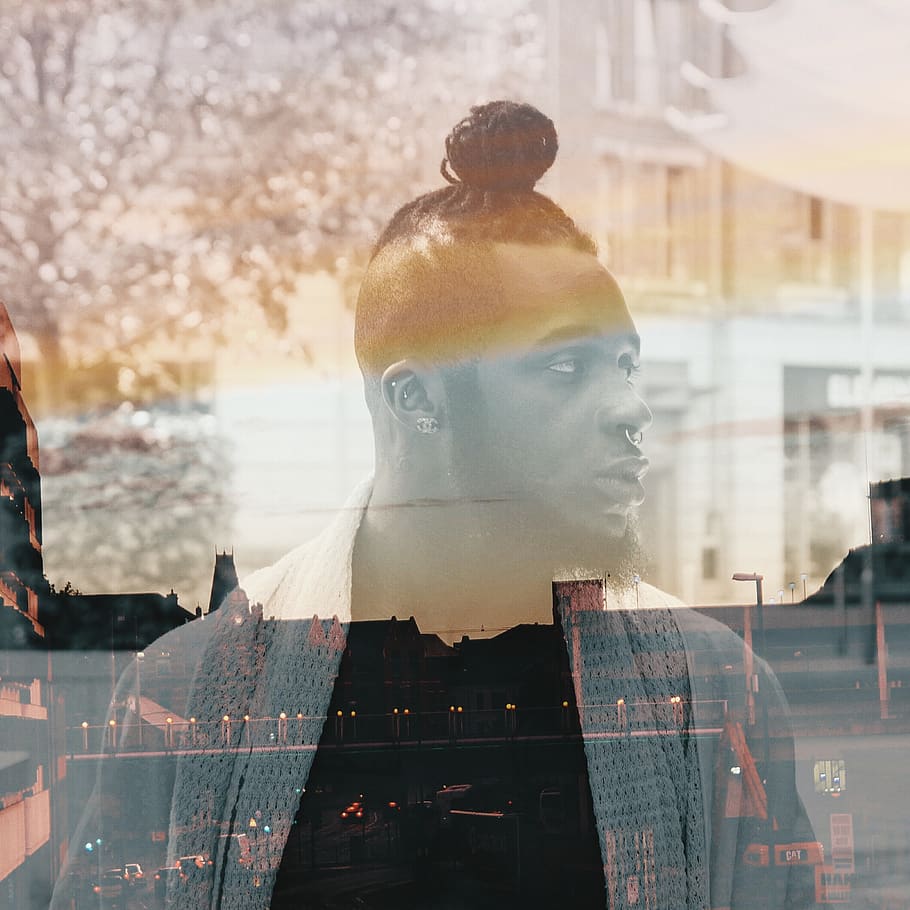 people, man, black american, piercing, double exposure, bun HD wallpaper
