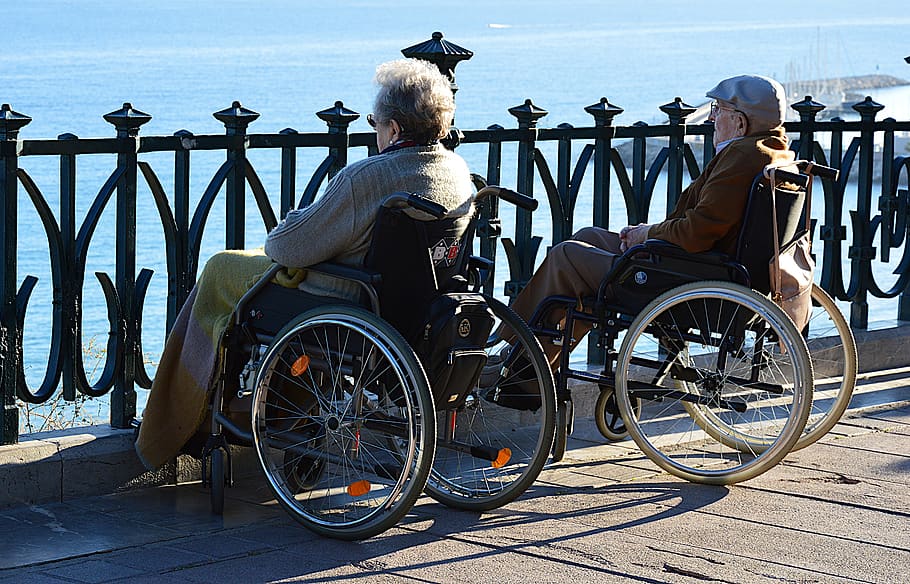 couple, handicap, wheelchair, elderly person, transportation, HD wallpaper
