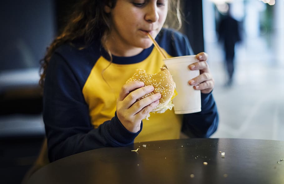 Woman Sipping On Straw, burger, drink, drinking, food, person HD wallpaper