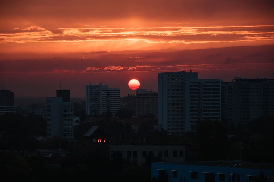 sunset, sun set, buildings, building complex, sky, building exterior HD wallpaper