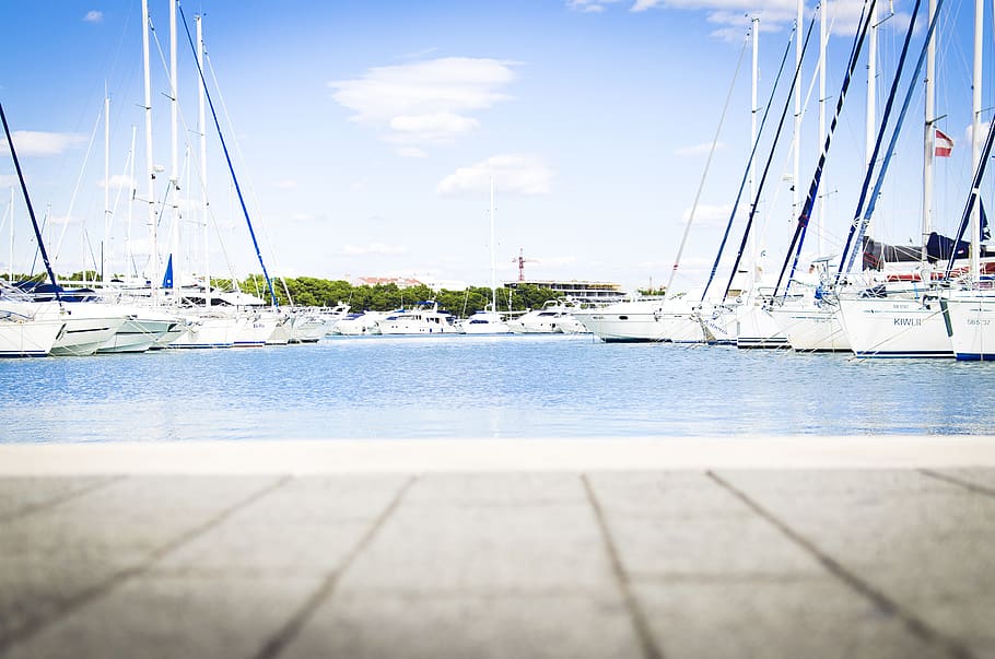 clouds, sky, trees, water, ocean, sea, yacht, boat, ship, blue HD wallpaper