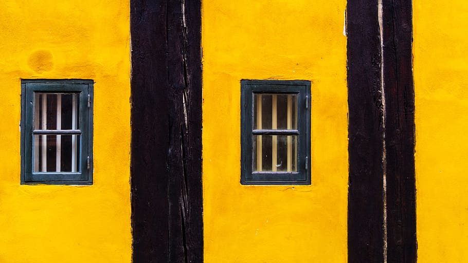 minimalist photography of black and yellow striped windows, building HD wallpaper
