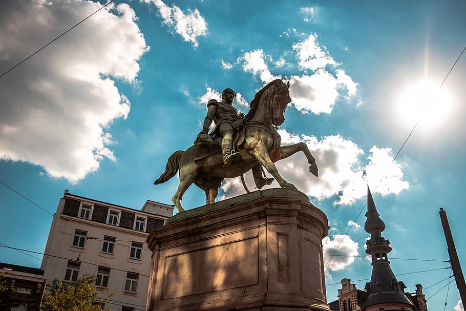 belgium, antwerp, sky, clouds, horse, old, man, human, statue HD wallpaper