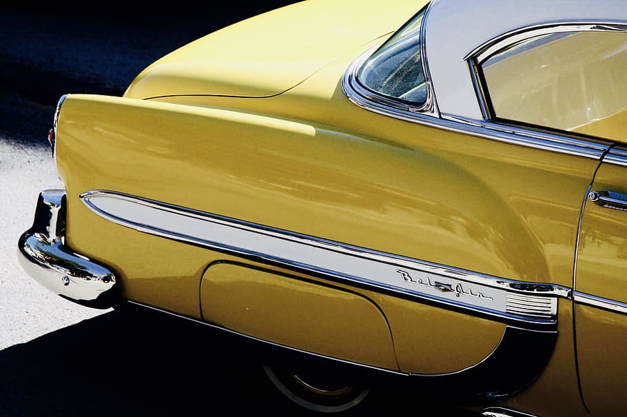 vintage yellow car under sunny sky, chrome, bodywork, classic car HD wallpaper