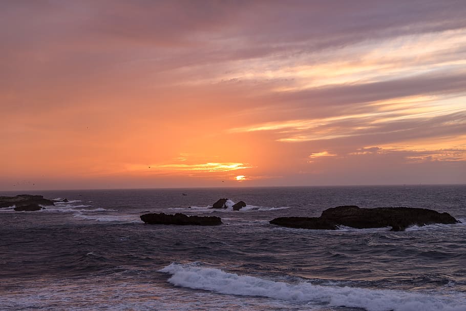 ocean waves sunset scenery, nature, outdoors, sea, red sky, dusk HD wallpaper
