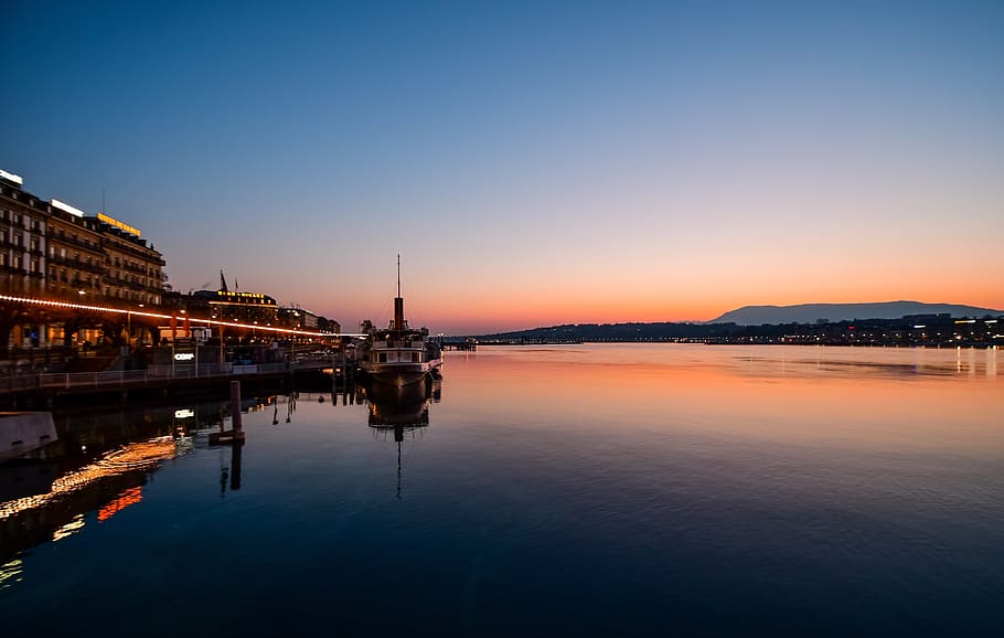 sunrise, lake, boat, reflection, shore, color, aurora, geneva HD wallpaper