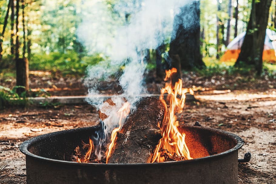 brown firepit with flames, smoke, log, timber, forest, woodland HD wallpaper