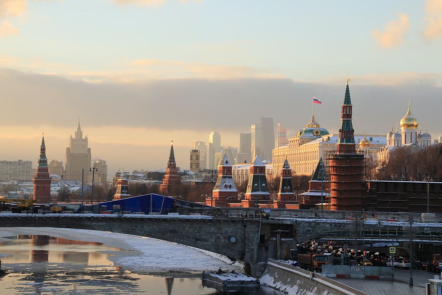 moscow, sunset, river, the kremlin, charge, landscape, sky, HD wallpaper