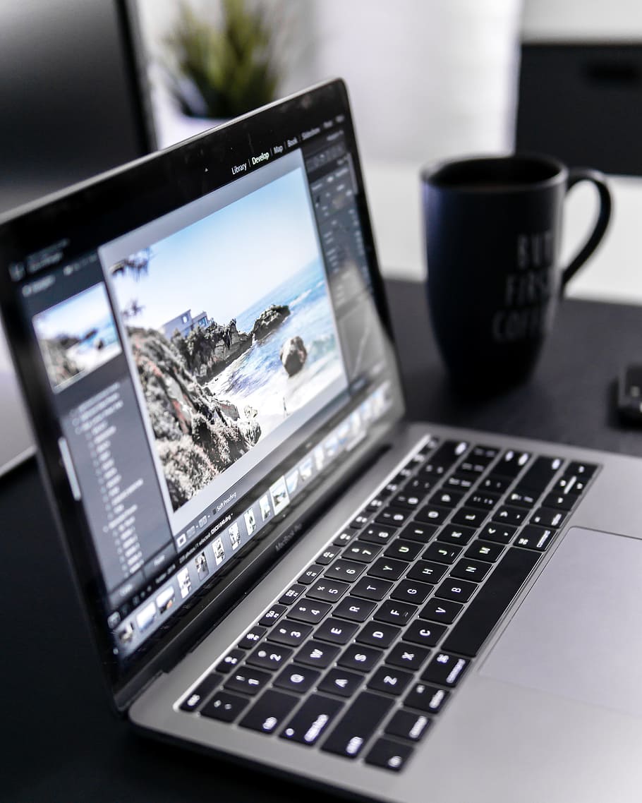 turned-on MacBook Pro on desk, laptop, mockup, coffee, apple HD wallpaper