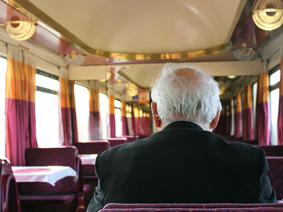 eldery, old, train, vintage, purple, yellow, grey, suit, rear view HD wallpaper