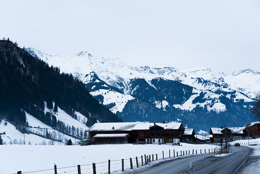 switzerland, goppenstein, snow, sky, trees, winter, house, mountains, HD wallpaper