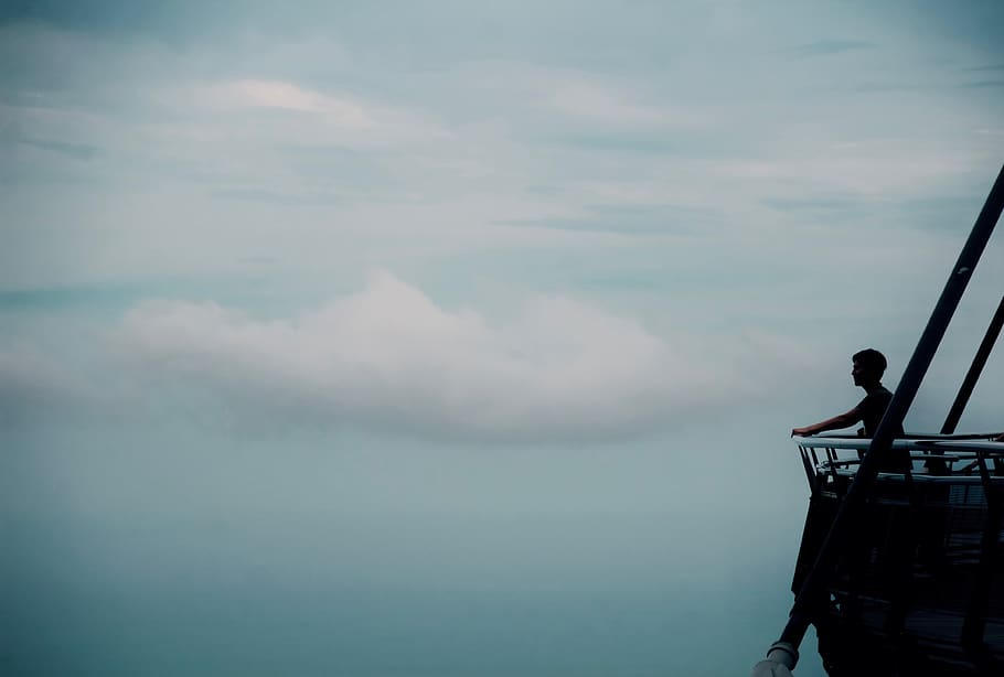 clouds, sky, people, sitting, silhouette, boy, guy, man, travel HD wallpaper