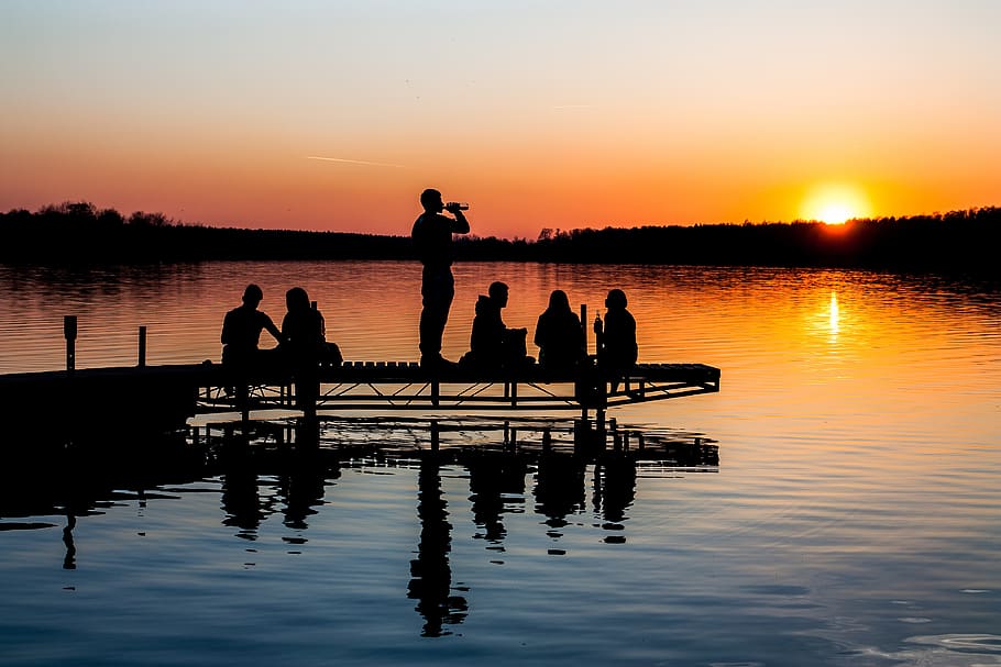 lake, river, sunset, sky, golden hour, people, silhouette, dock HD wallpaper