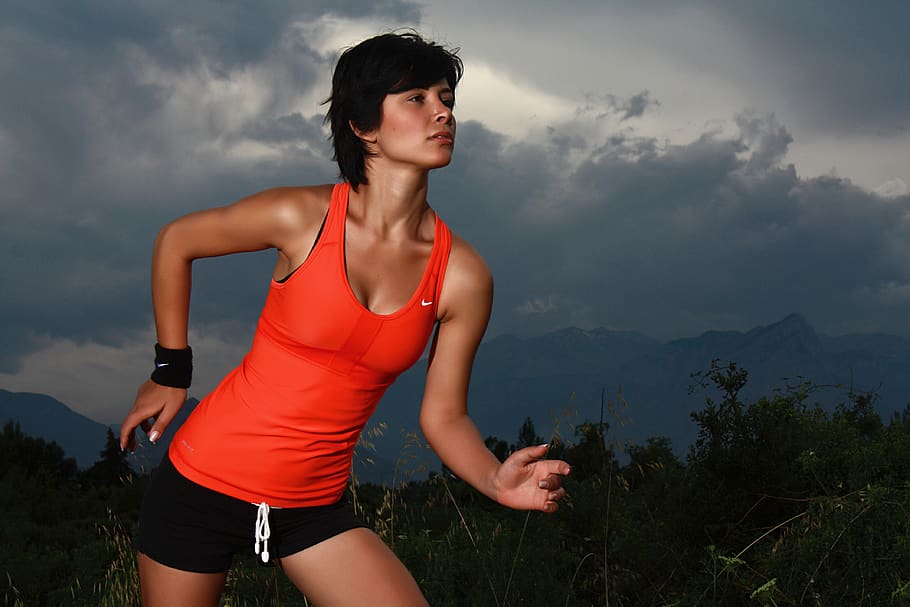 Women's Orange Tank Top, clouds, cloudy, fitness, forest, girl HD wallpaper