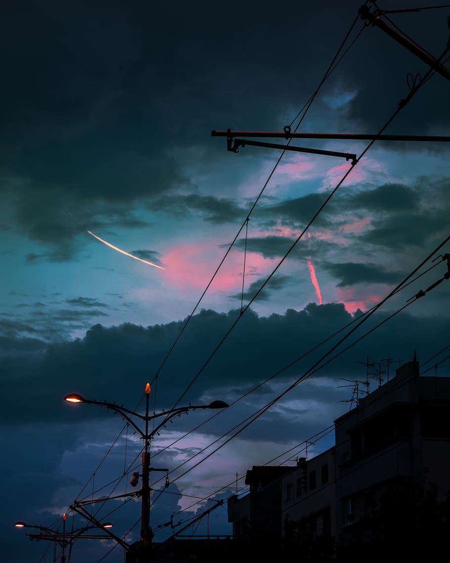 turned-on post lamps, cable, power lines, electric transmission tower, HD wallpaper