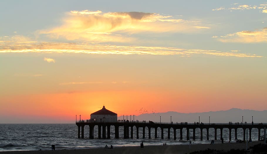 sunset, pier, mountains, sky, horizon, water, cloud - sky, sea HD wallpaper