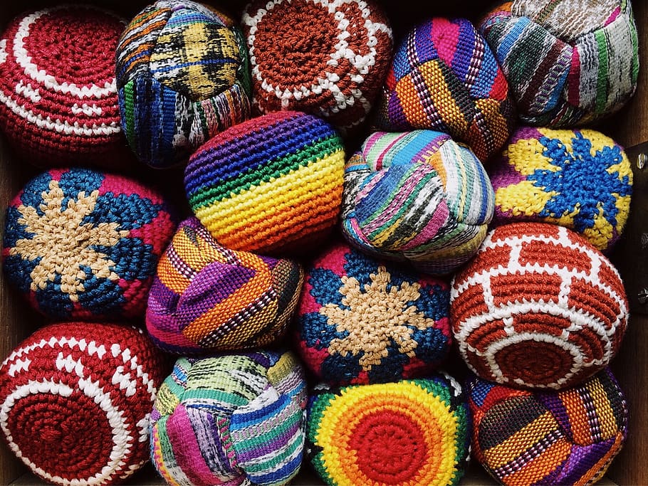 hackey sack, footbag, game, play, crocheted, multi colored, HD wallpaper