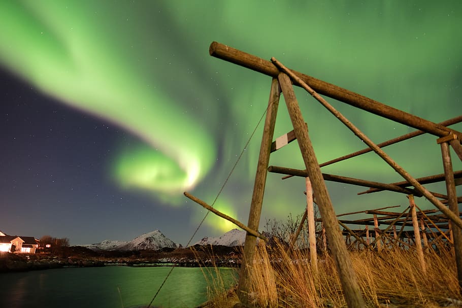 brown wooden frame, nature, outdoors, norway, night, lofoten HD wallpaper