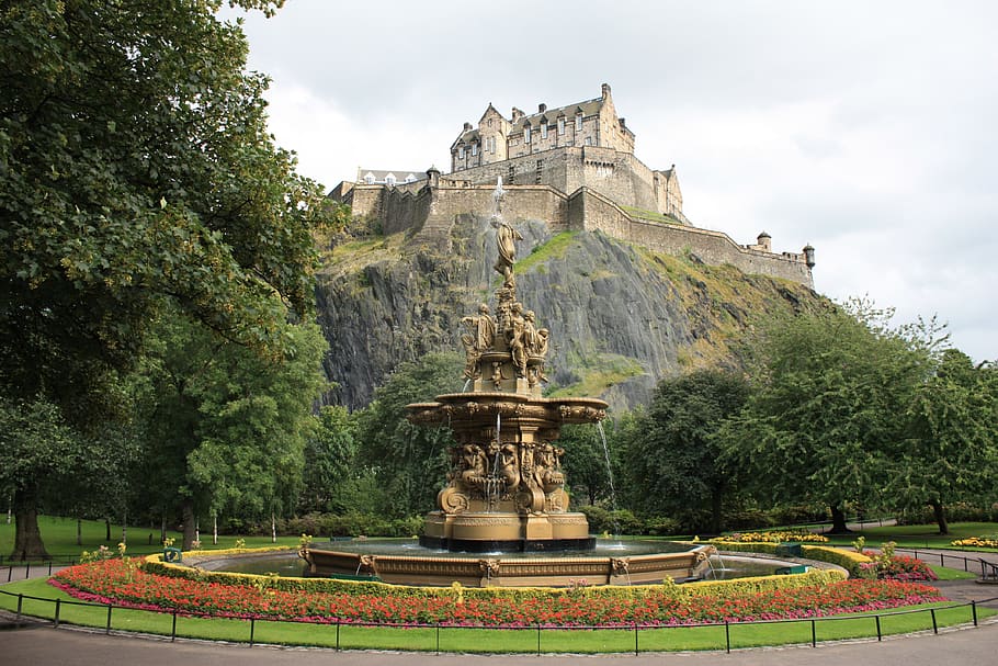 edinburgh, scotland, castle, fountain, old, tourism, palace, HD wallpaper