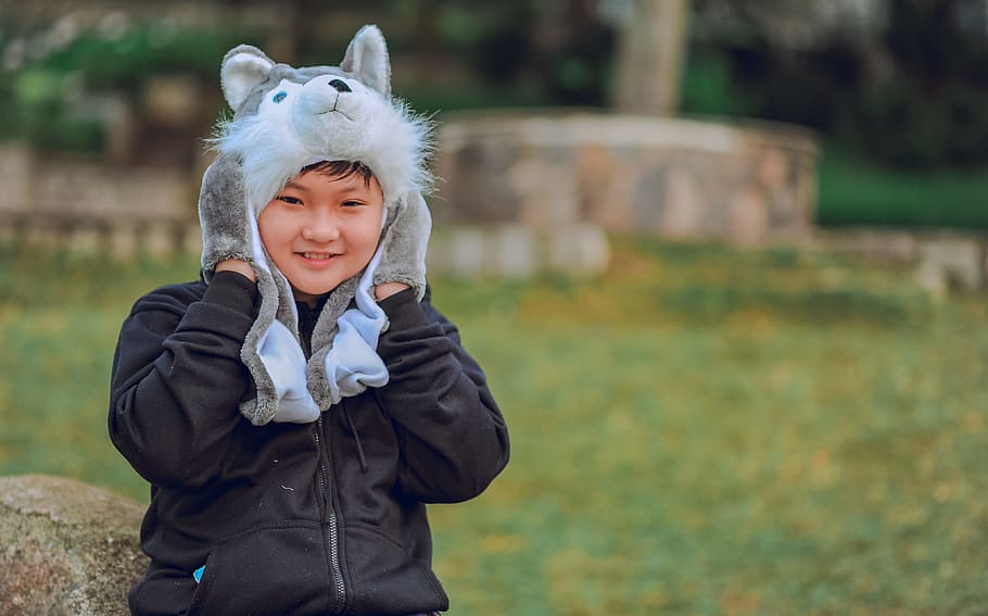 Toddler's Wearing Wolf Headgear, boy, child, daylight, face, grass HD wallpaper