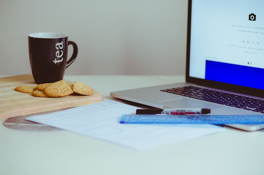 workplace, desk, computer, laptop, notebook, tea, drink, cup HD wallpaper