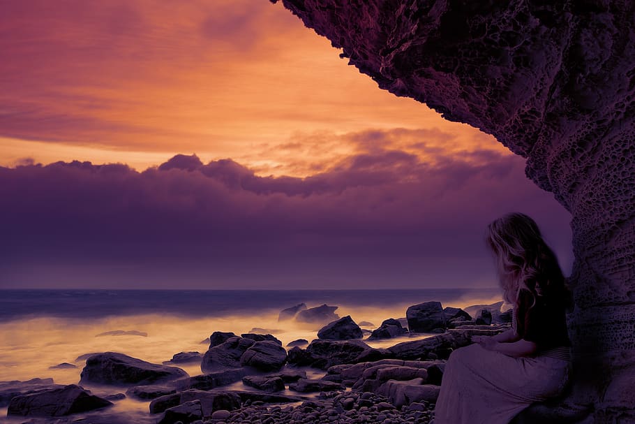 thinking, sunset, beach, people, sky, nature, girl, alone, landscape, HD wallpaper
