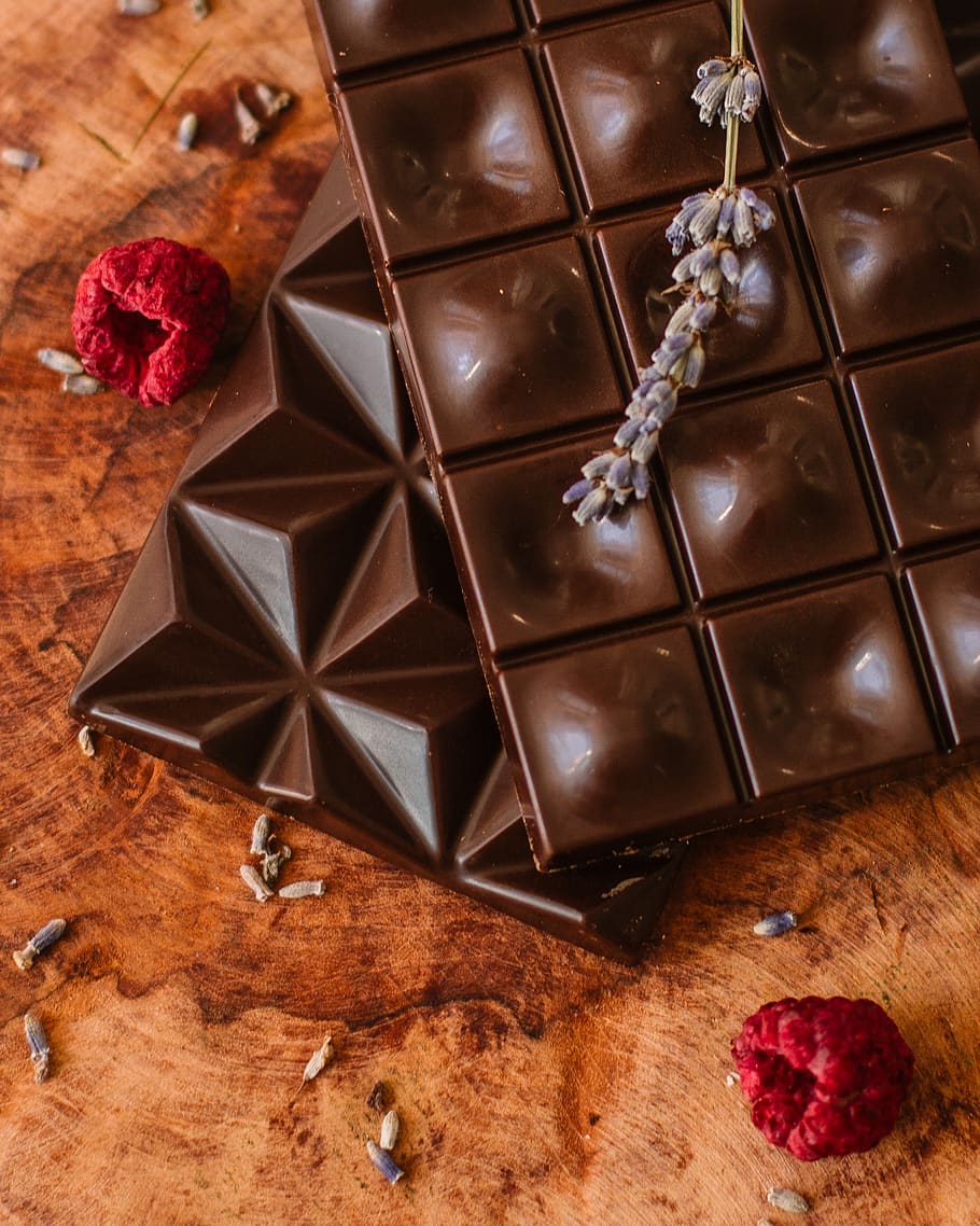 Brown Chocolate Bars and Two Raspberries, candy, close-up, confection HD wallpaper