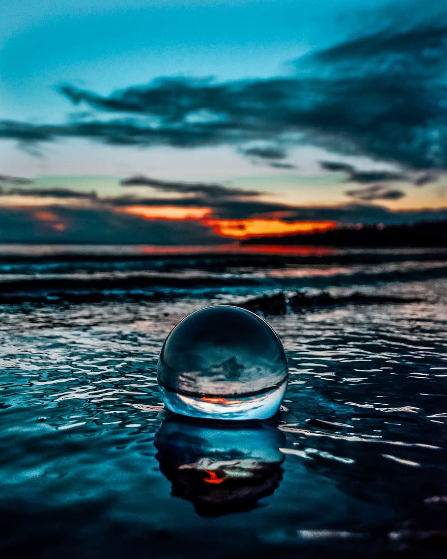 Crystal Ball on Body of Water, beach, clouds, glass ball, landscape, HD wallpaper