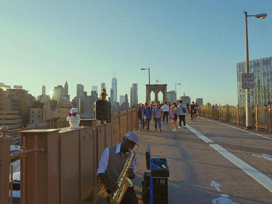brooklyn bridge, united states, new york, exploring, jazz, sazaphone, HD wallpaper