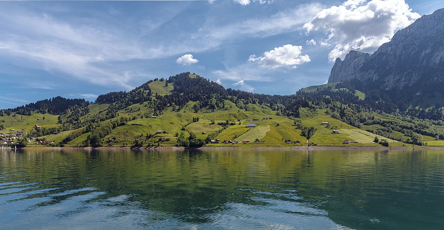 Photo Taken on Body of Water, clouds, daylight, green, hill, landscape HD wallpaper