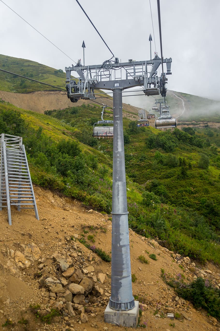 cable car, sky, mountains, post, technology, plant, nature HD wallpaper