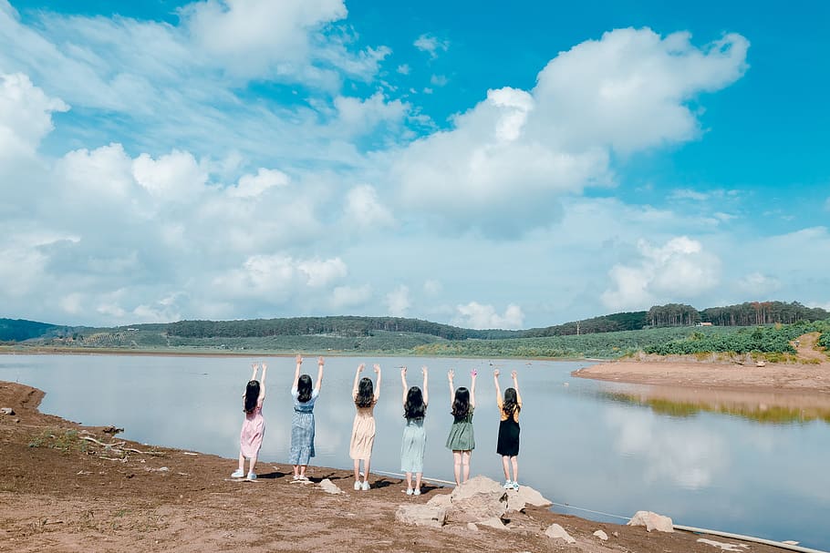 Six Women Raising Their Both Hands, blue sky, clouds, daytime HD wallpaper