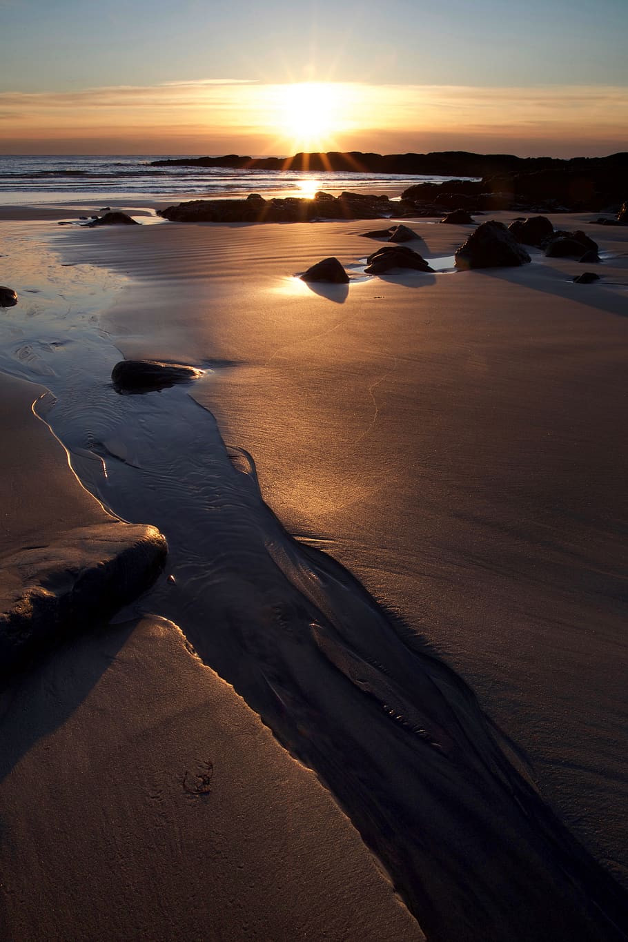 Bodies of Water Surrounding Sand, beach, dawn, ocean, rocks, sea HD wallpaper
