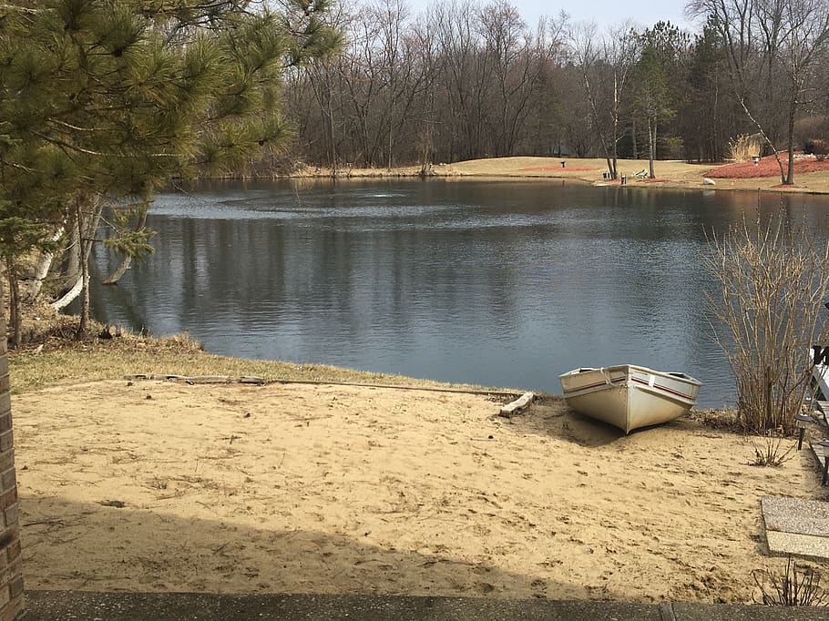 dock, reflection, beach, sand, winter, nature, boat, trees HD wallpaper