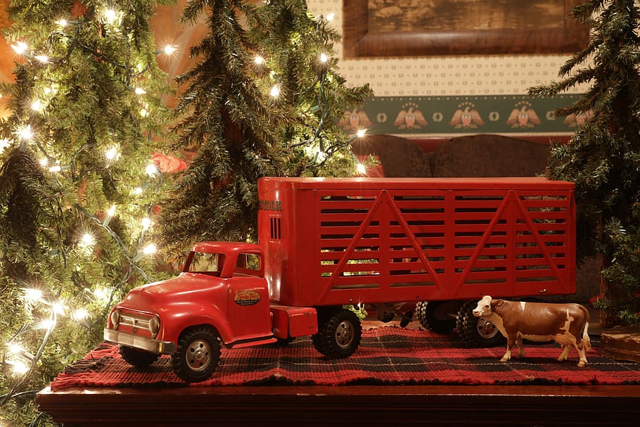 red truck scale model, transportation, vehicle, tree, plant, fir, HD wallpaper