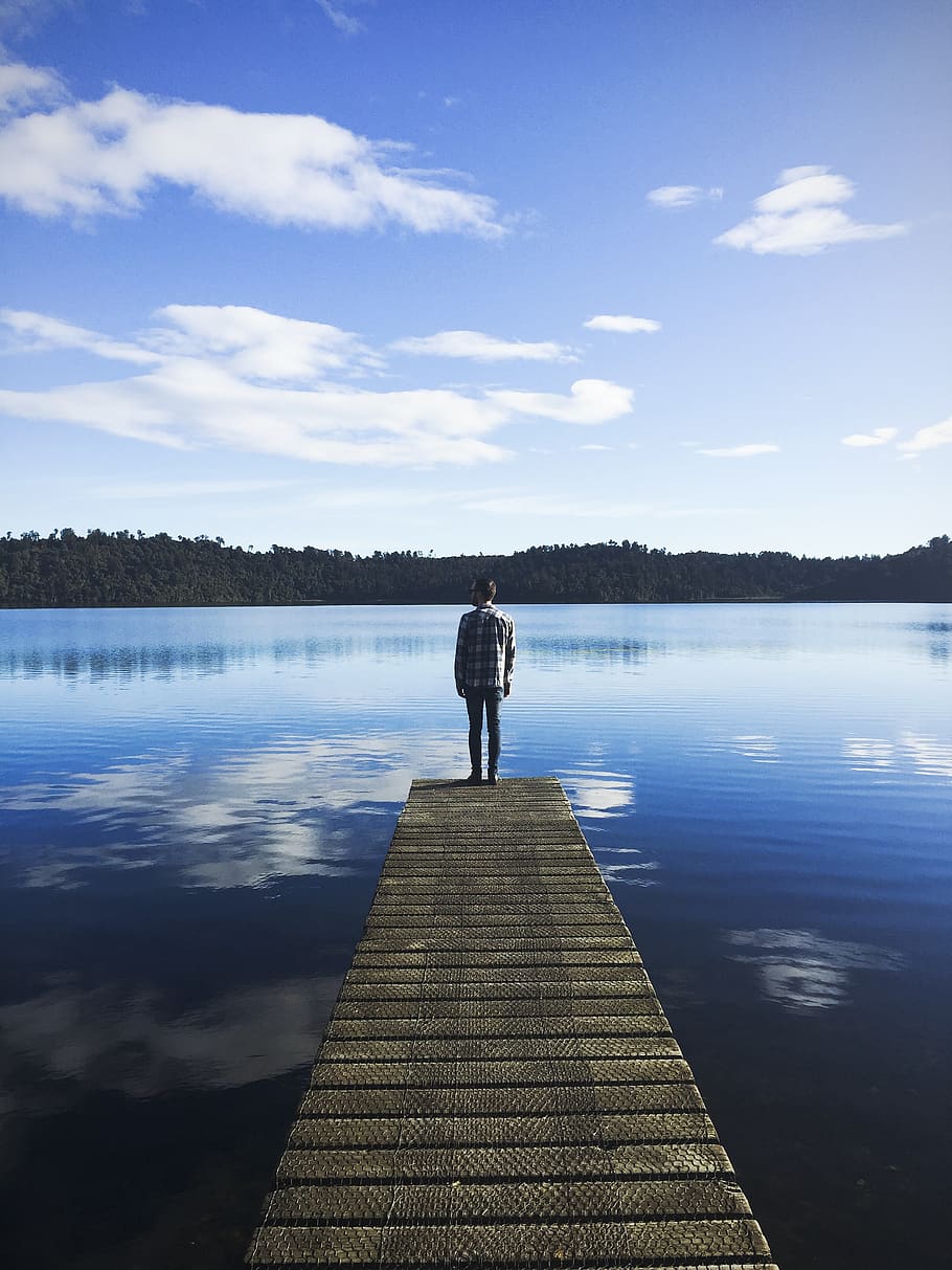 jetty, pier, person, man, male, standing, looking, water, lake