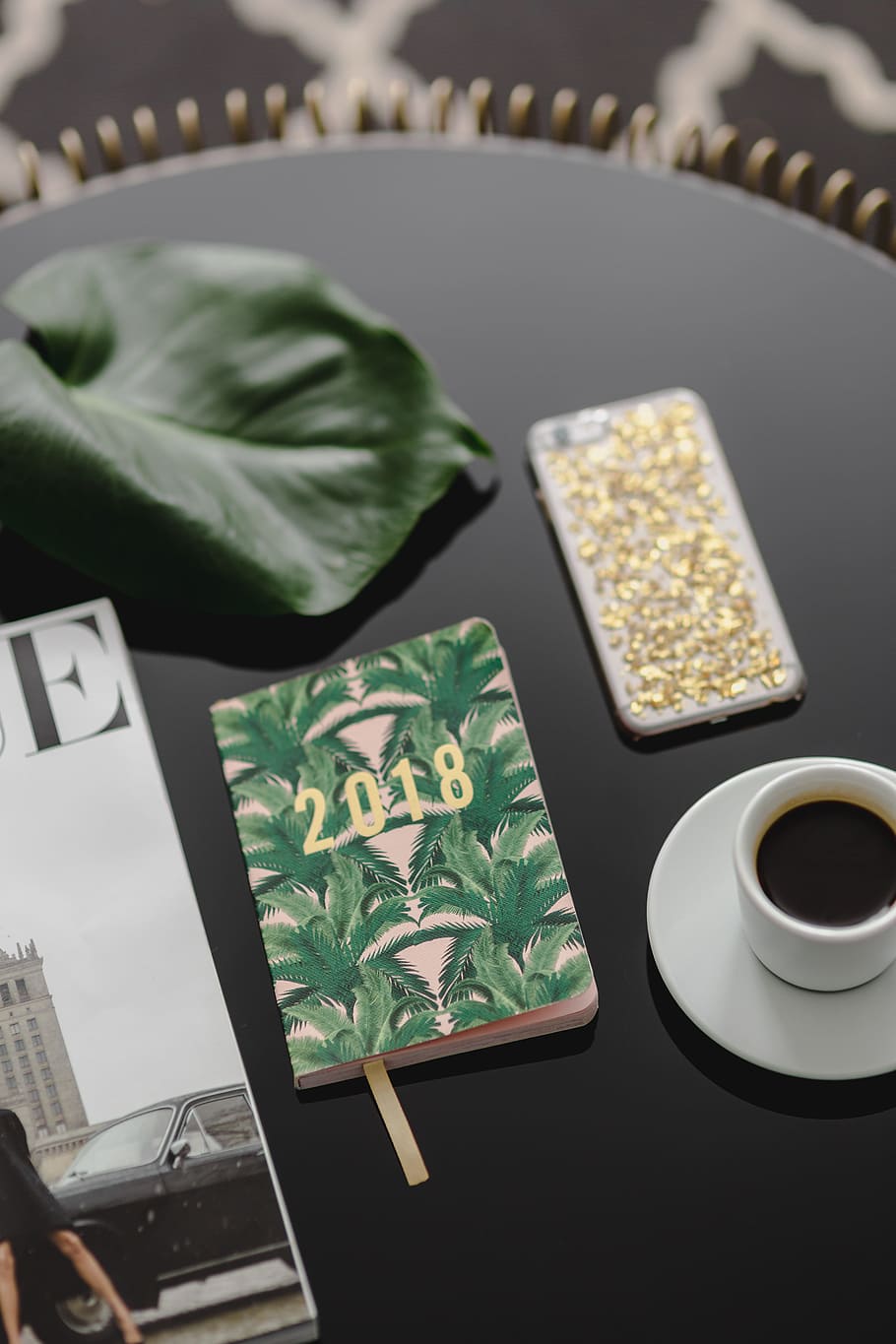 Top view of black table with 2018 calendar agenda, food and drink HD wallpaper