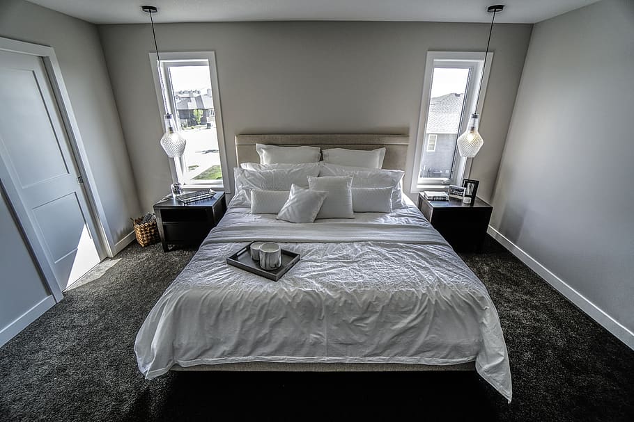 bedroom, white, pillows, carpet, luxury bedroom, blanket, sleep HD wallpaper