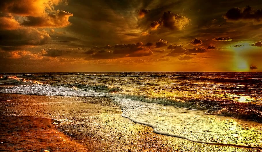 Seashore during Golden Hour, atmosphere, beach, clouds, coast HD wallpaper