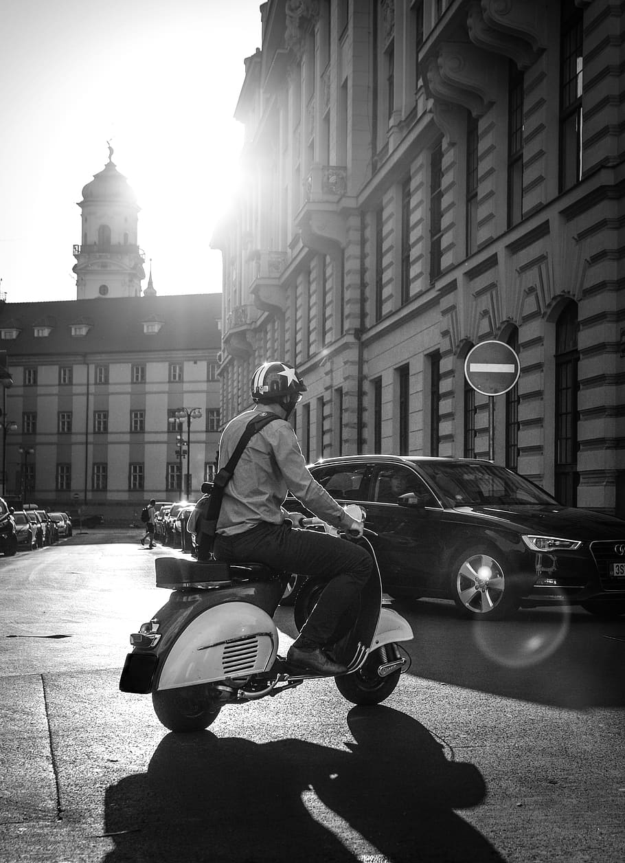 scooter, moped, prague, sun, street, black and white, vespa, HD wallpaper