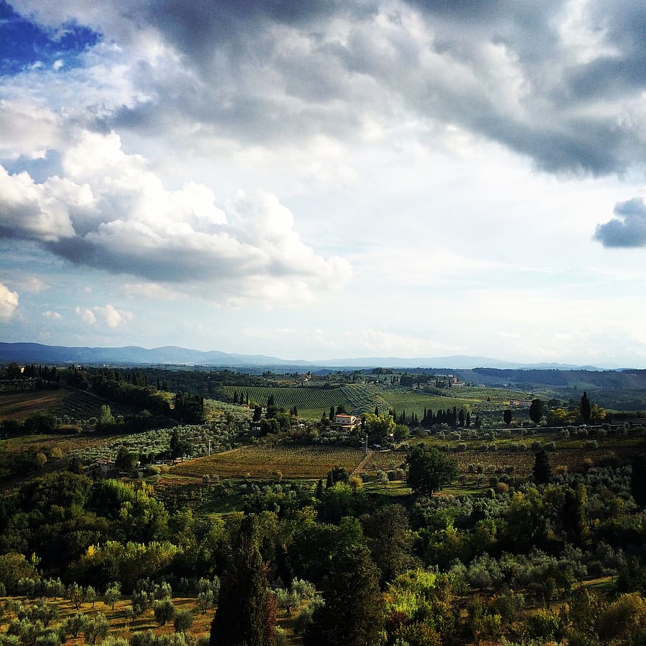 italy, san gimignano, fields, cloud, sky, cloud - sky, environment, HD wallpaper